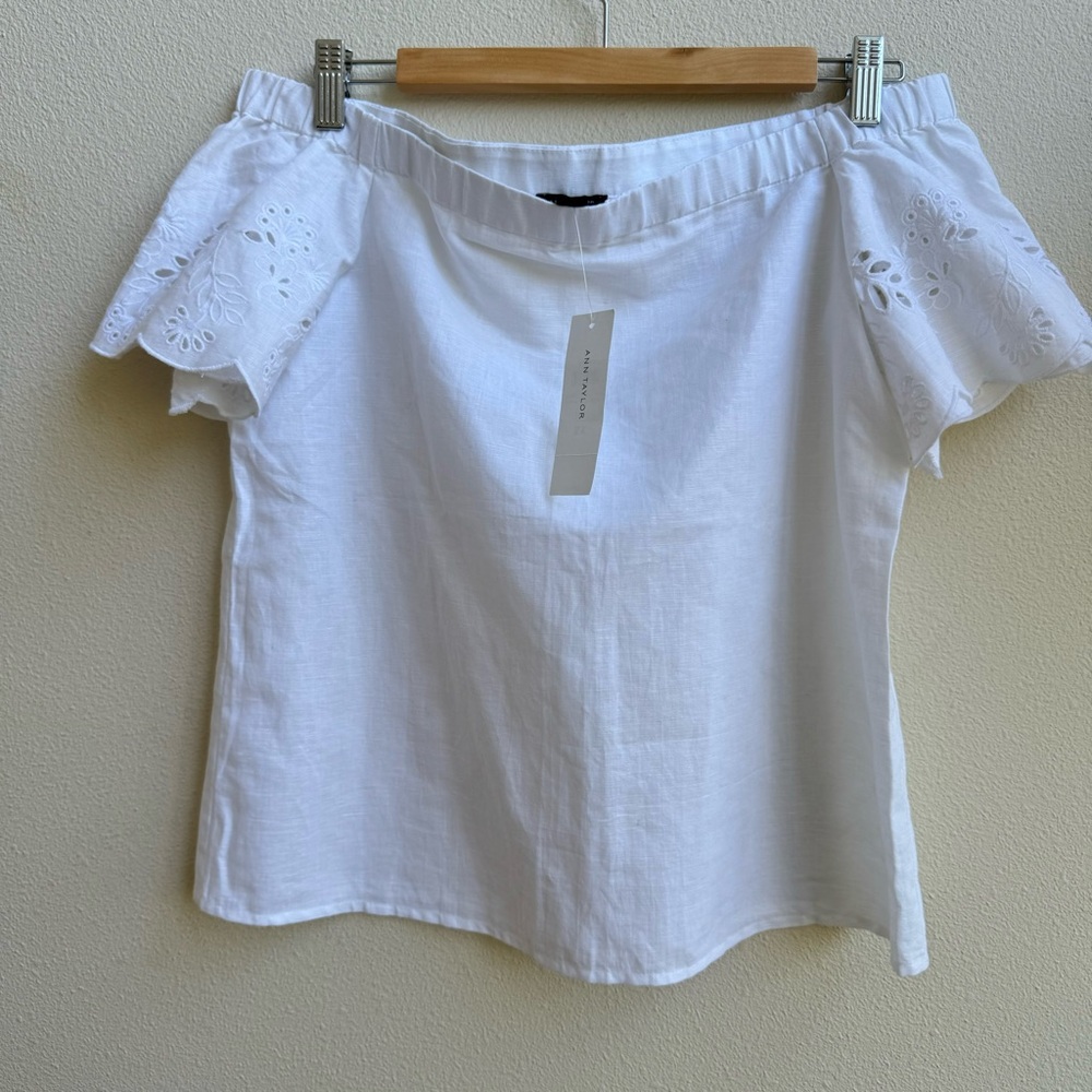NEW Ann Taylor Linen Cotton Embroidered Sleeves Off the Shoulders Top Size XS